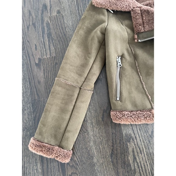 ZARA olive green brown faux suede/sherpa teddy moto jacket Sz. XS - Picture 6 of 9